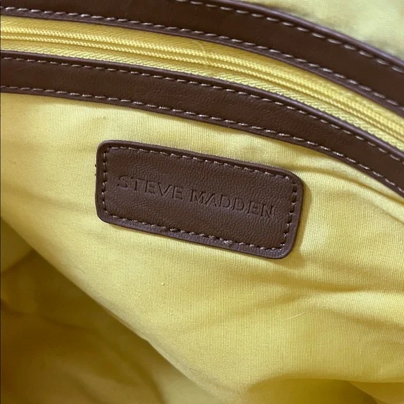 Steve Madden Brown, Gray, White Woven Handbag, Yellow Liner - NWOT Vegan Leather - Picture 6 of 8